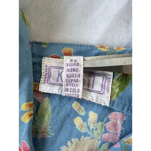 VTG Komil Honolulu Dress Square Neck MIDI Blue Floral A-line Puff Sleeves SM - Picture 11 of 11